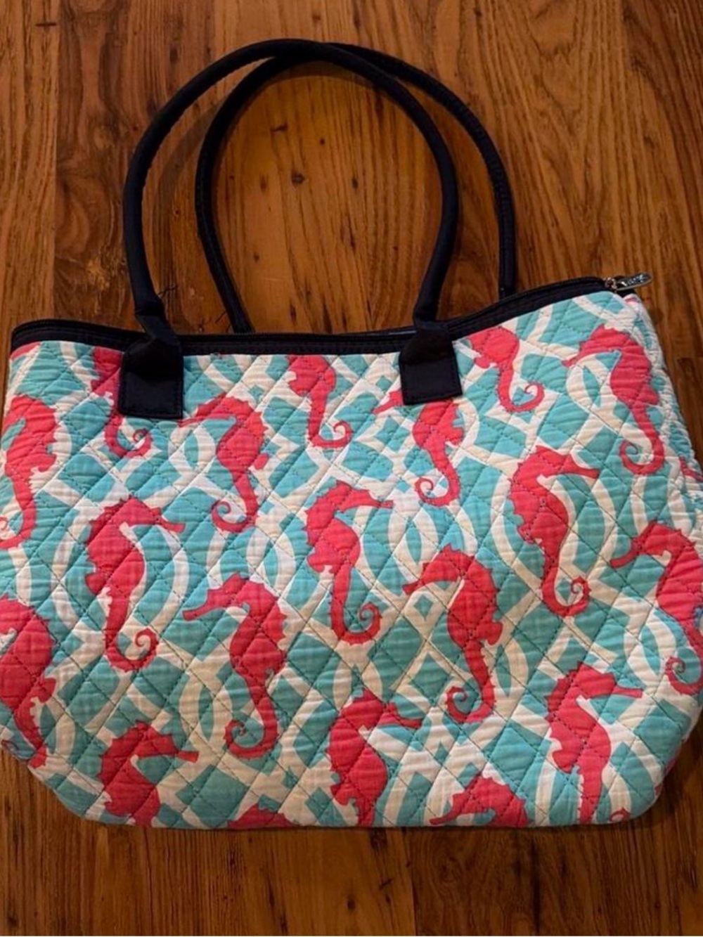 Quilted Seahorse Tote Bag in Coral and Aqua with Black Handles